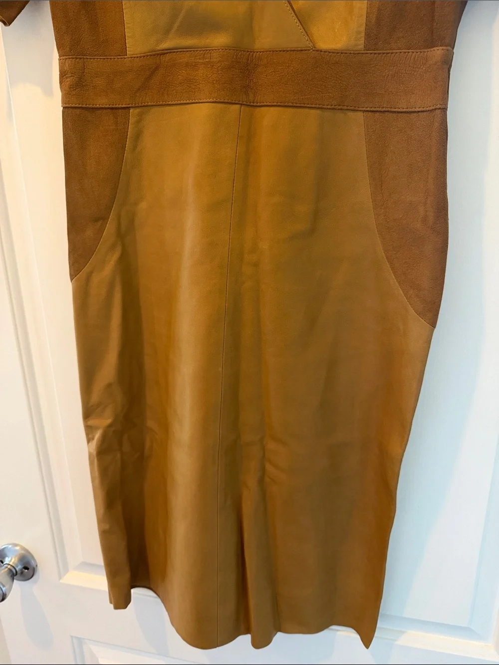 Tory Burch Camel/Tan Leather V-Neck Sheath Dress